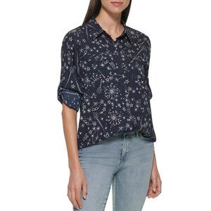 Karl Lagerfeld Paris Printed Button-Front Top Star Celestial Theme Size Small